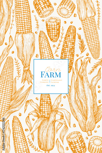 Hand Drawn Vector Sweet Corn Illustration. Not AI Generated. Autumn Seasonal Background. Fall Season Farm Banner. Vintage Harvest Design Template.