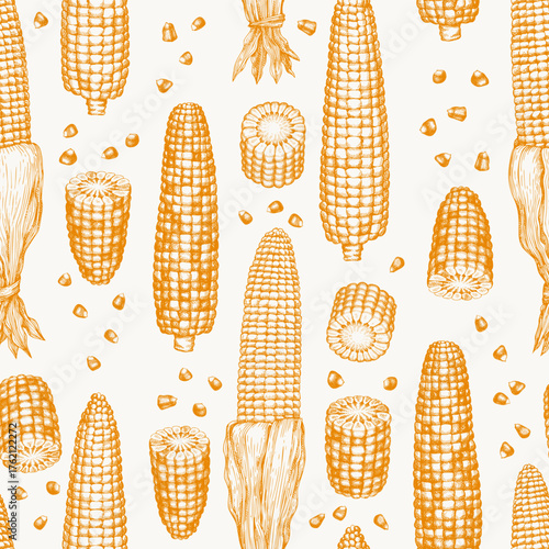 Hand Drawn Vector Sweet Corn Seamless Pattern. Not AI Generated. Autumn Seasonal Background. Fall Season Farm Illustration. Vintage Harvest Wallpaper.
