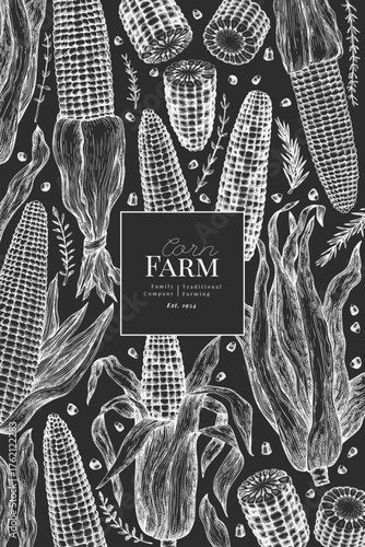 Hand Drawn Vector Sweet Corn Illustration. Not AI Generated. Autumn Seasonal Chalk Board Background. Fall Season Farm Banner. Vintage Harvest Design Template.
