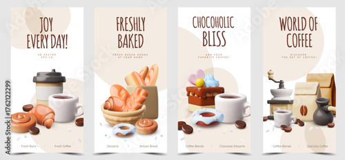 World of Coffee shop flyers advertising design vector set, coffee cup, coffee grinder, bakery and confectionery products