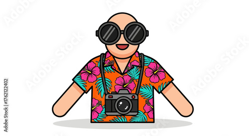 Cartoon illustration of a man wearing sunglasses and a colorful shirt with a camera around his neck on a white background.