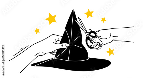 Line drawing of hands cutting a black witch hat with scissors and yellow stars on a white background.