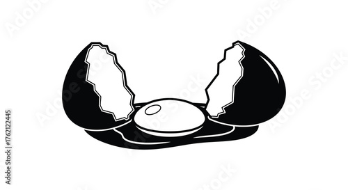 A stark black and white silhouette of a cracked egg with the yolk exposed symbolizing breakfast or new beginnings silhouette