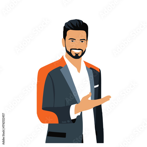 Confident bearded businessman in a stylish suit gesturing openly with a friendly smile and welcoming expression