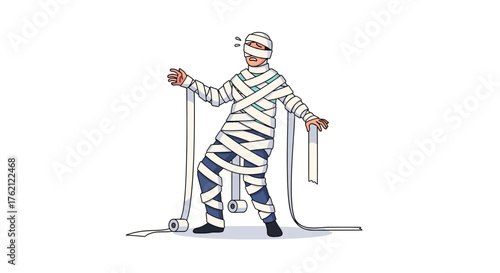 A cartoon mummy wearing skis and holding ski poles on a plain white background with a playful and adventurous mood.
