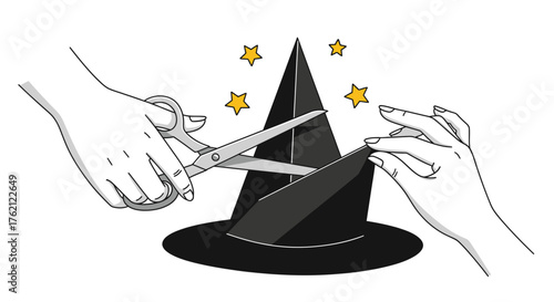 Line drawing of two hands trimming a black pointed wizard hat with scissors and surrounded by yellow stars on a white background.