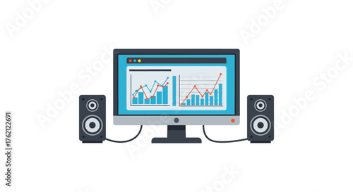 Computer monitor displaying financial charts and graphs with two black speakers on either side silhouette