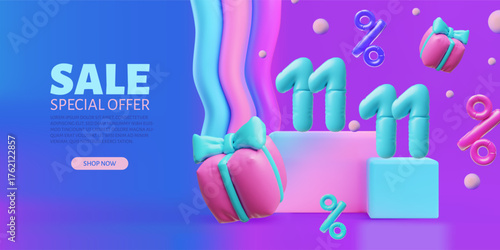 A vibrant 3D banner for the 11.11 sale with inflatable elements, a gift box, and a percentage sign.