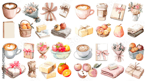 Watercolor illustration of cozy autumn lifestyle objects: coffee cups, fruits, gifts, and flowers in soft pastel tones. Perfect for seasonal decor, greeting cards, or lifestyle branding design.