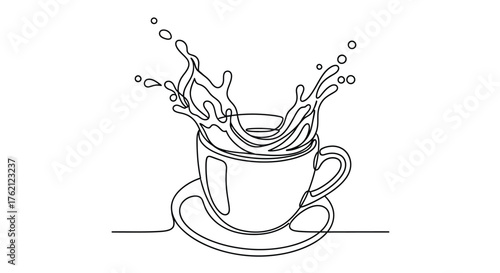 Coffee cup splash continuous line art liquid drink