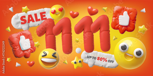 Sale 11.11 special offer 3D cartoon vector marketing banner, speech bubbles with thumbs up from inflated balloon, smiley