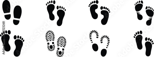 Footprint and Shoe Print Silhouettes, Including Barefoot, Boots, and Unique Trails, Representing Walking, Journey, and Human Presence.