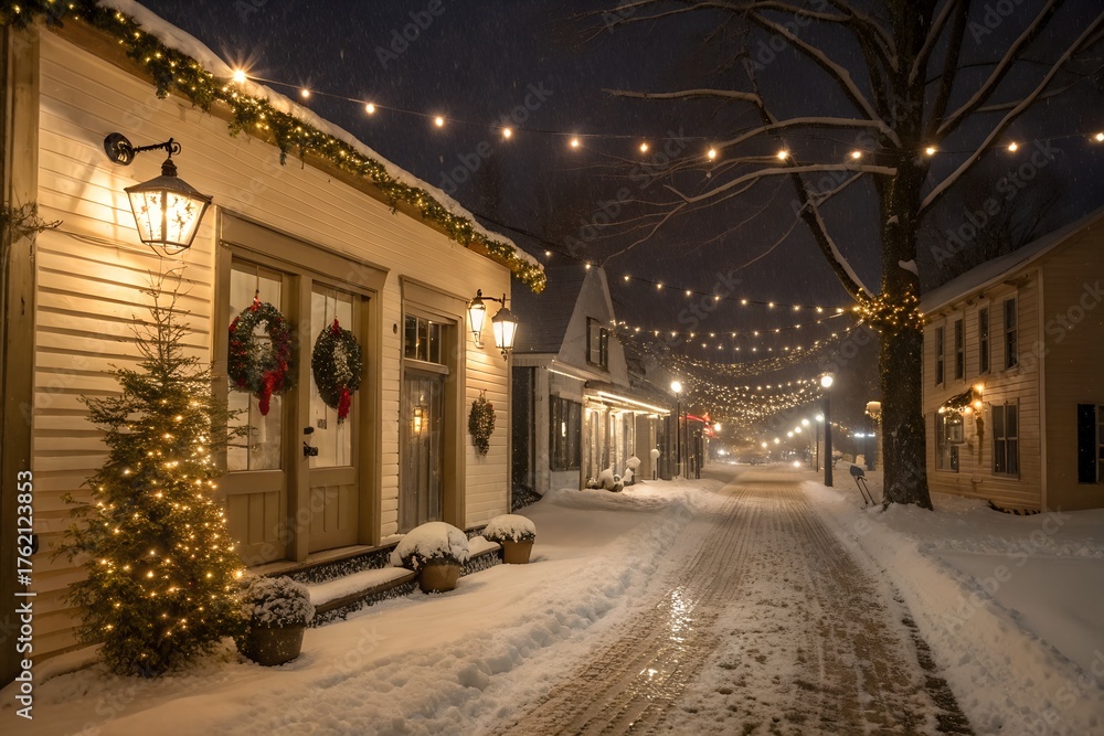 Fototapeta premium Night Small-Town Street Snow Christmas
