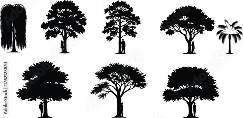 Romantic couple silhouettes under diverse trees, love and nature connection, emotional landscape, willow, palm, seasonal foliage, scenic vector illustration
