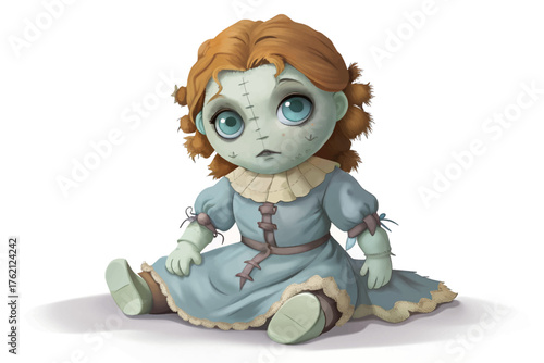 Old porcelain doll vector with cracked face, missing eye, and torn dress sitting in white isolated background, unsettling and eerie.