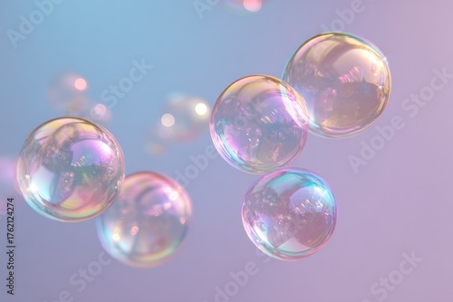 Wallpaper Mural Softly floating soap bubbles in pastel blue and purple background, iridescent orbs drift in a dreamy scene, banner-ready for advertising, events, and design concepts Torontodigital.ca