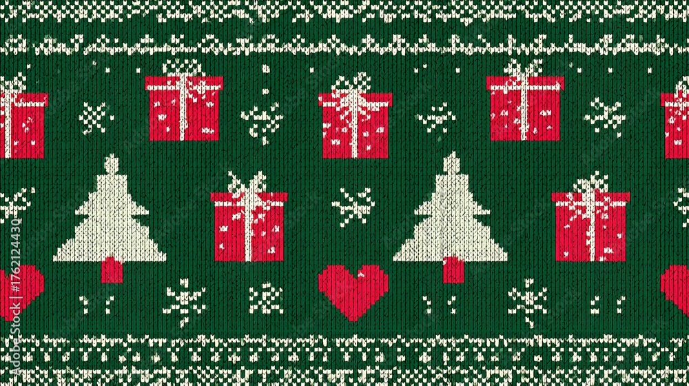 Naklejka premium Retro-inspired pixel art Christmas pattern with green background, red presents, white snowflakes, small trees, hearts, and knitted texture, creating festive and cozy holiday design concept.
