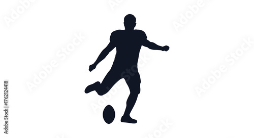 Dynamic silhouette of an american football player kicking the ball during a game on a white background