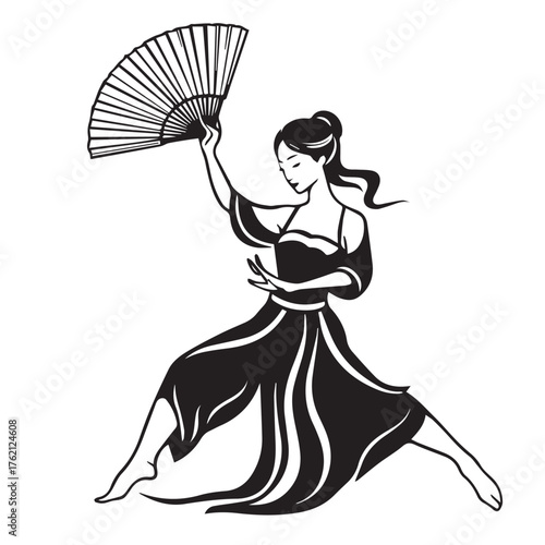 Elegant asian woman in traditional attire performing a graceful fan dance with flowing skirt and updo hairstyle