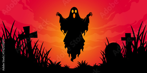 Halloween background with spooky ghost faces flying in fields and graveyard