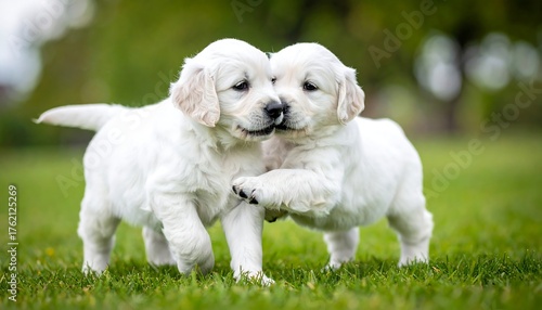 Two fluffy, cream-colored puppies play in bright green grass