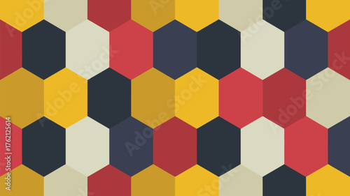 A colorful geometric pattern featuring interlocking hexagons in red yellow beige and dark blue shades