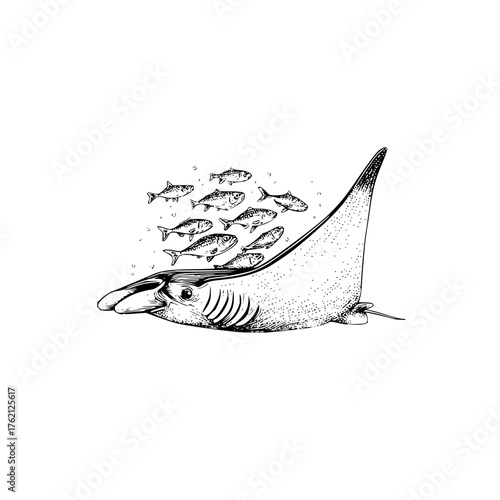 Illustration of a manta ray swimming with a school of fish in black and white drawing style art