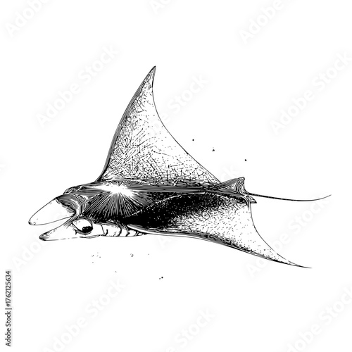 Detailed black and white drawing of a manta ray swimming in the ocean with a long tail and open mouth