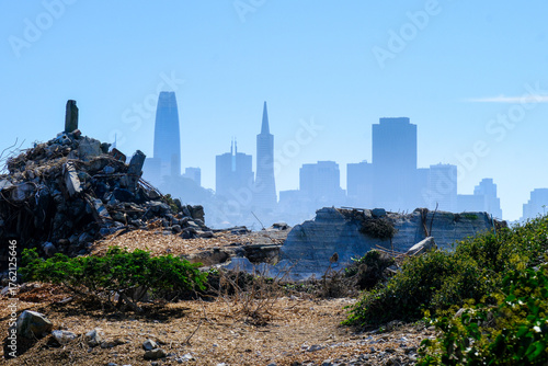 A view out to San Francisco and the city skyline from Alcatraz prison island.