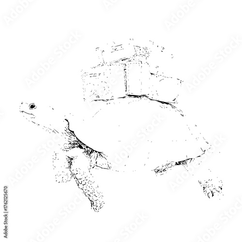 Illustration of a turtle carrying a stack of boomboxes on its back in a black and white sketch style