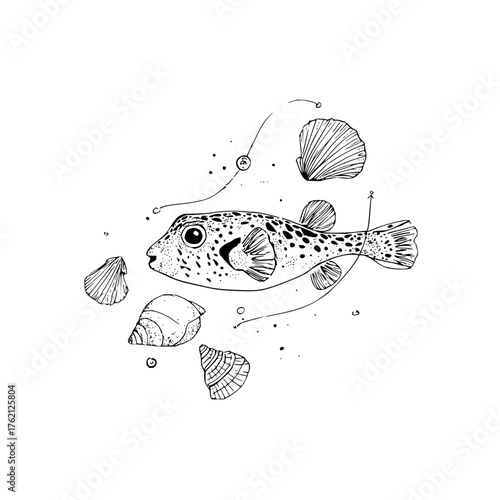 Illustration of a spotted pufferfish surrounded by various seashells on a white background scene