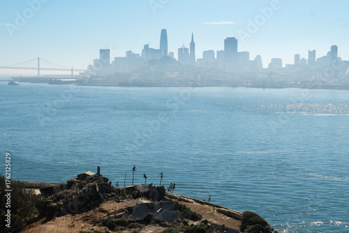 A view out to San Francisco and the city skyline from Alcatraz prison island.