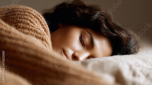 Woman with wavy brown hair sleeping soundly in a comfortable bed, wrapped in warm blankets, full rest at home