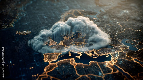 photorealistic secure cloud storage inside a digital map showing country borders