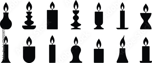 Set of Black Candle Silhouettes with Flames, Diverse Designs for Ambiance, Celebration, Spirituality, Relaxation, and Occult or Holiday Themes.