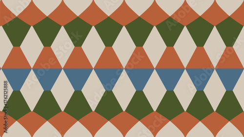 A repeating pattern of diamonds in orange green blue and cream colors arranged in horizontal rows