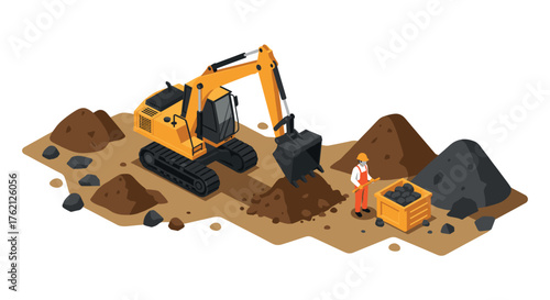 Isometric construction scene with excavator and worker in action