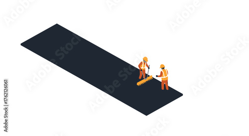 Isometric construction workers paving road in minimalist design