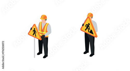 Isometric construction worker holding road signs in safety vest and helmet