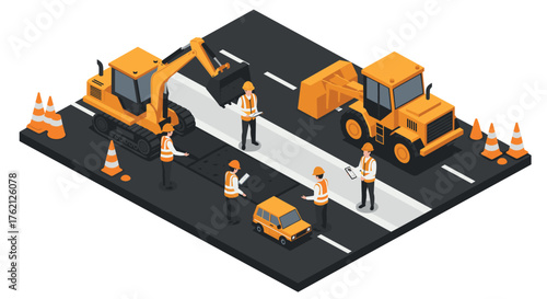 Construction site with heavy equipment and workers in isometric style