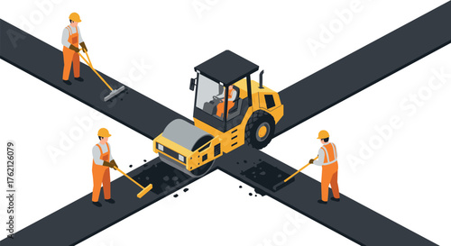 Road maintenance construction crew with asphalt roller and workers in isometric style