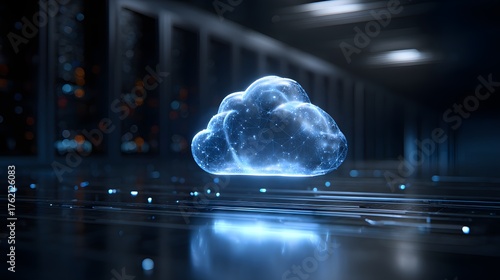 realistic render of cloud server with cyber shield glowing in blue light