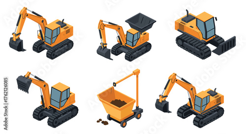Construction equipment isometric icons set featuring excavators and loaders