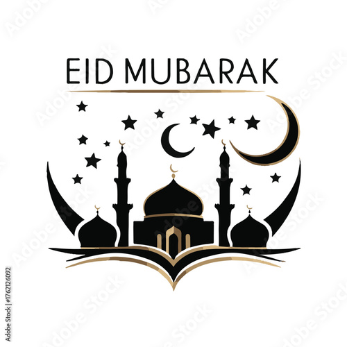 Elegant black silhouette of a mosque with crescent moons and stars celebrating eid mubarak festive greeting