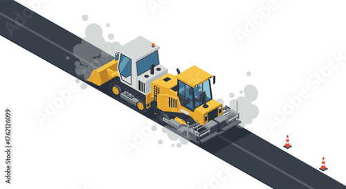 Isometric construction vehicles on highway with safety cones and smoke