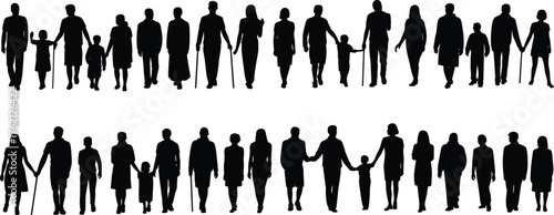 Black silhouettes of diverse people including families, children, elderly in community scene showing social connection, generational diversity, and unity
