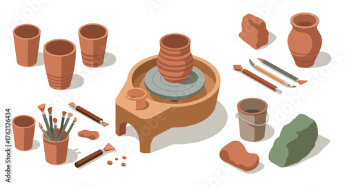 Pottery tools and clay set in isometric style crafting essentials
