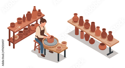 Isometric pottery workshop with artisan crafting clay on pottery wheel