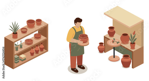 Isometric pottery shop scene with craftsman and ceramic displays