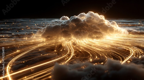 realistic render of hybrid sovereign cloud ecosystem glowing with light streams